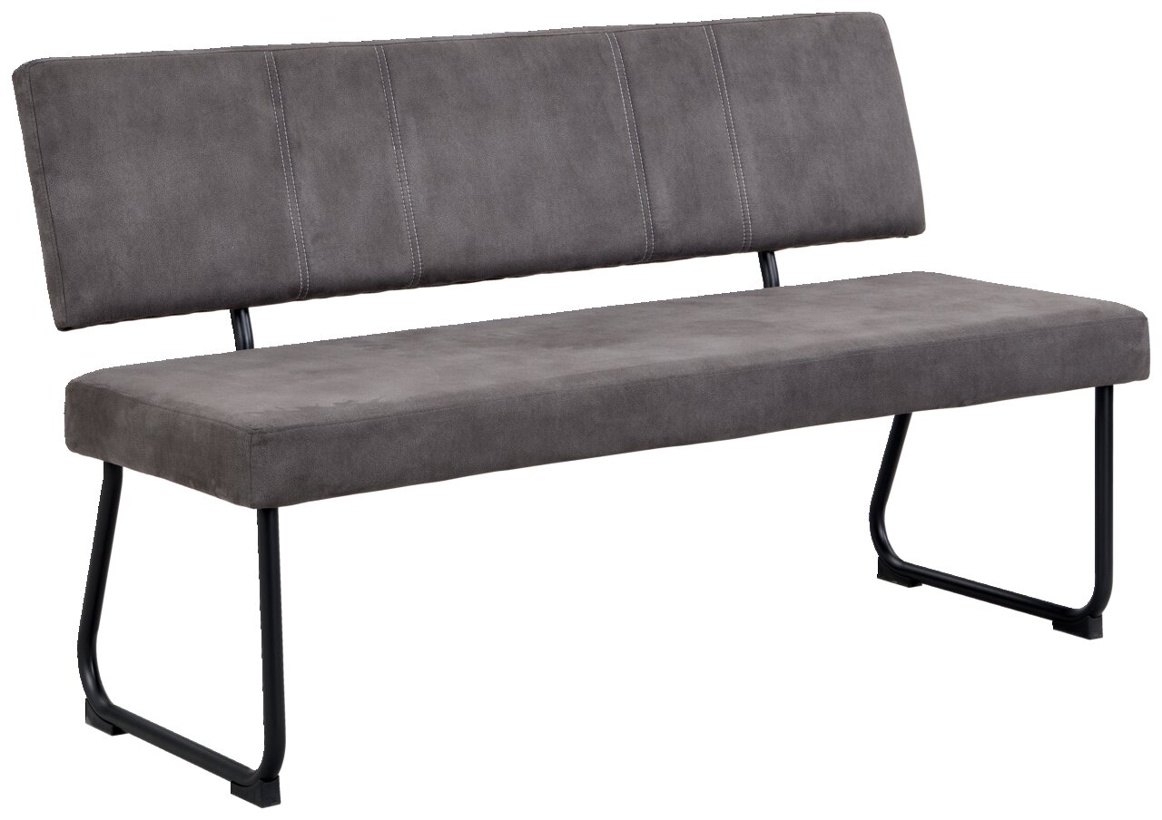 Graue Bank mit gepolsterter Sitzfläche und Rückenlehne, seitliche Perspektive