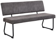 Graue Bank mit gepolsterter Sitzfläche und Rückenlehne, seitliche Perspektive