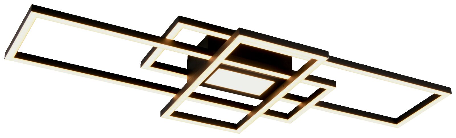 Moderne LED-Deckenleuchte in Schwarz mit überlappenden rechteckigen Lichtrahmen und warmweißem Licht, schräg von unten in Perspektive aufgenommen