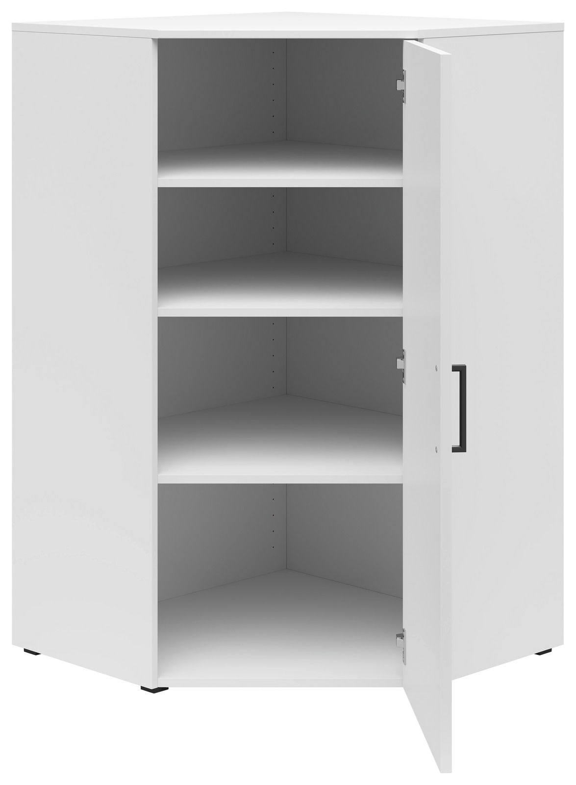 Weiße Eckkommode mit offener Tür, drei Regalböden und schwarzem Griff, Perspektive von vorne