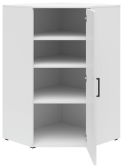 Weiße Eckkommode mit offener Tür, drei Regalböden und schwarzem Griff, Perspektive von vorne