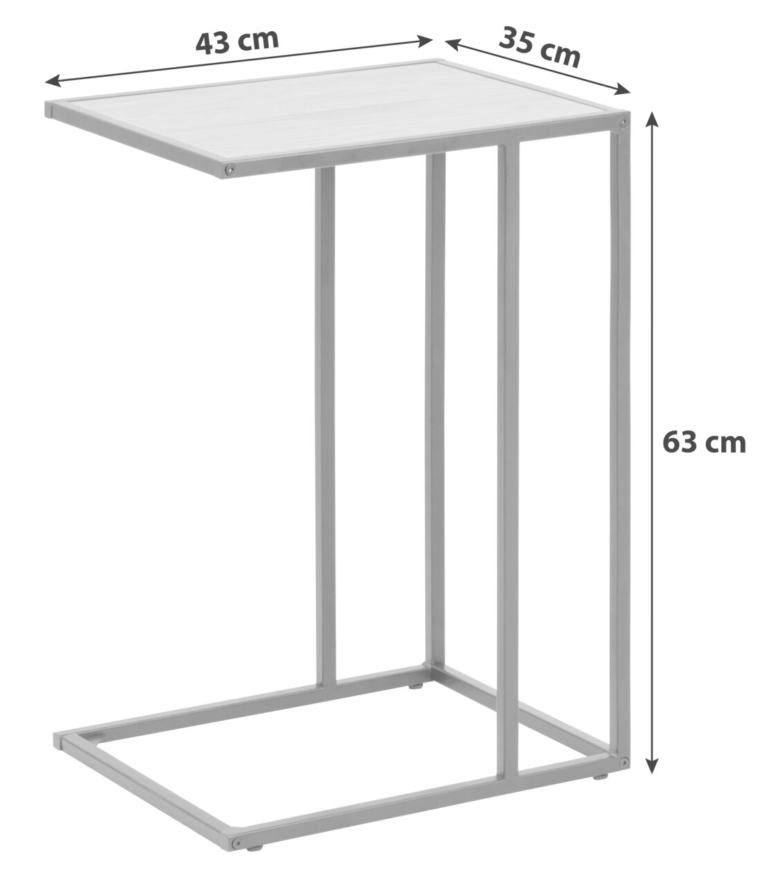 Moderner Beistelltisch aus Metall mit rechteckiger Tischplatte, seitliche Perspektive, Maße: 43 cm x 35 cm x 63 cm