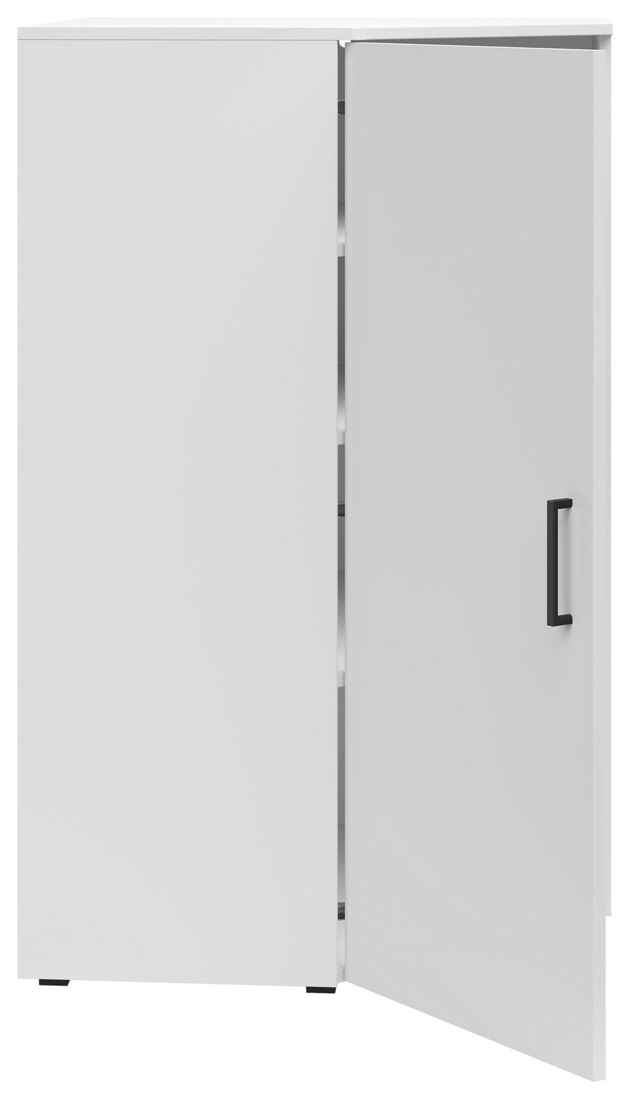 Weiße Eckkommode mit geöffneter Tür, schwarze Griffe, Frontalansicht