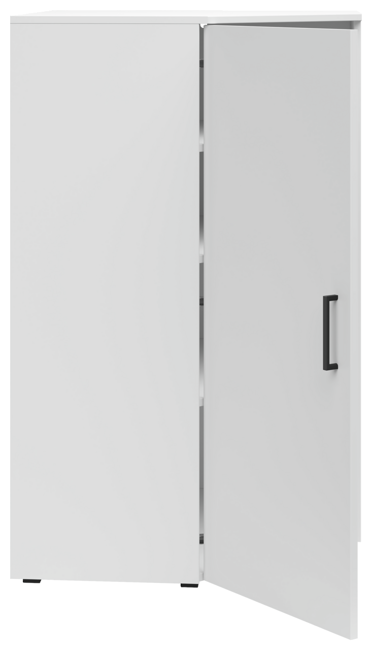 Weiße Eckkommode mit geöffneter Tür, schwarze Griffe, Frontalansicht