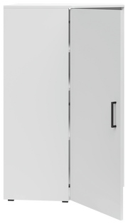 Weiße Eckkommode mit geöffneter Tür, schwarze Griffe, Frontalansicht