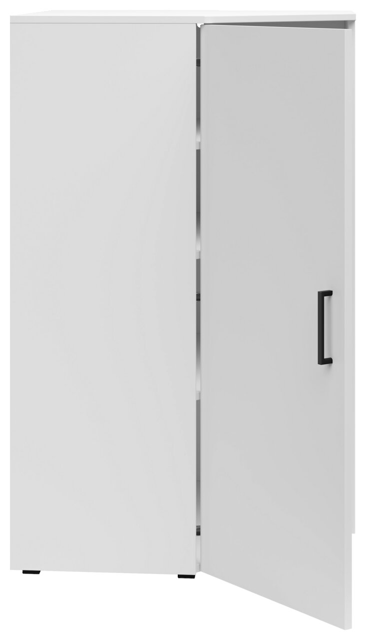 Weiße Eckkommode mit geöffneter Tür, schwarze Griffe, Frontalansicht