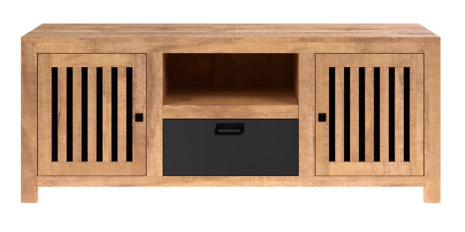 Frontale Ansicht eines Lowboards aus Holz mit zwei Türen und einer Schublade in der Mitte.