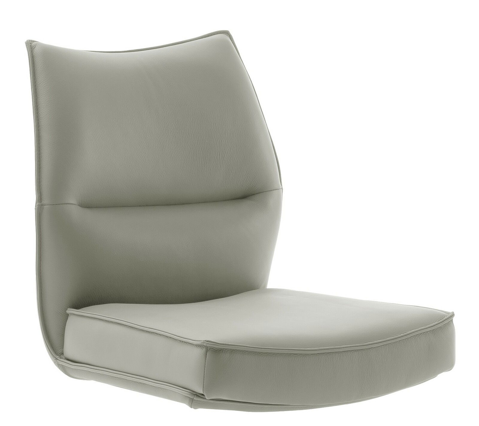 Bequeme, moderne Stuhllehne und Sitzfläche aus grauem Leder, seitliche Perspektive