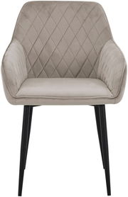 Grauer Armlehnstuhl mit gesteppter Rückenlehne und schwarzen Beinen, Frontalansicht