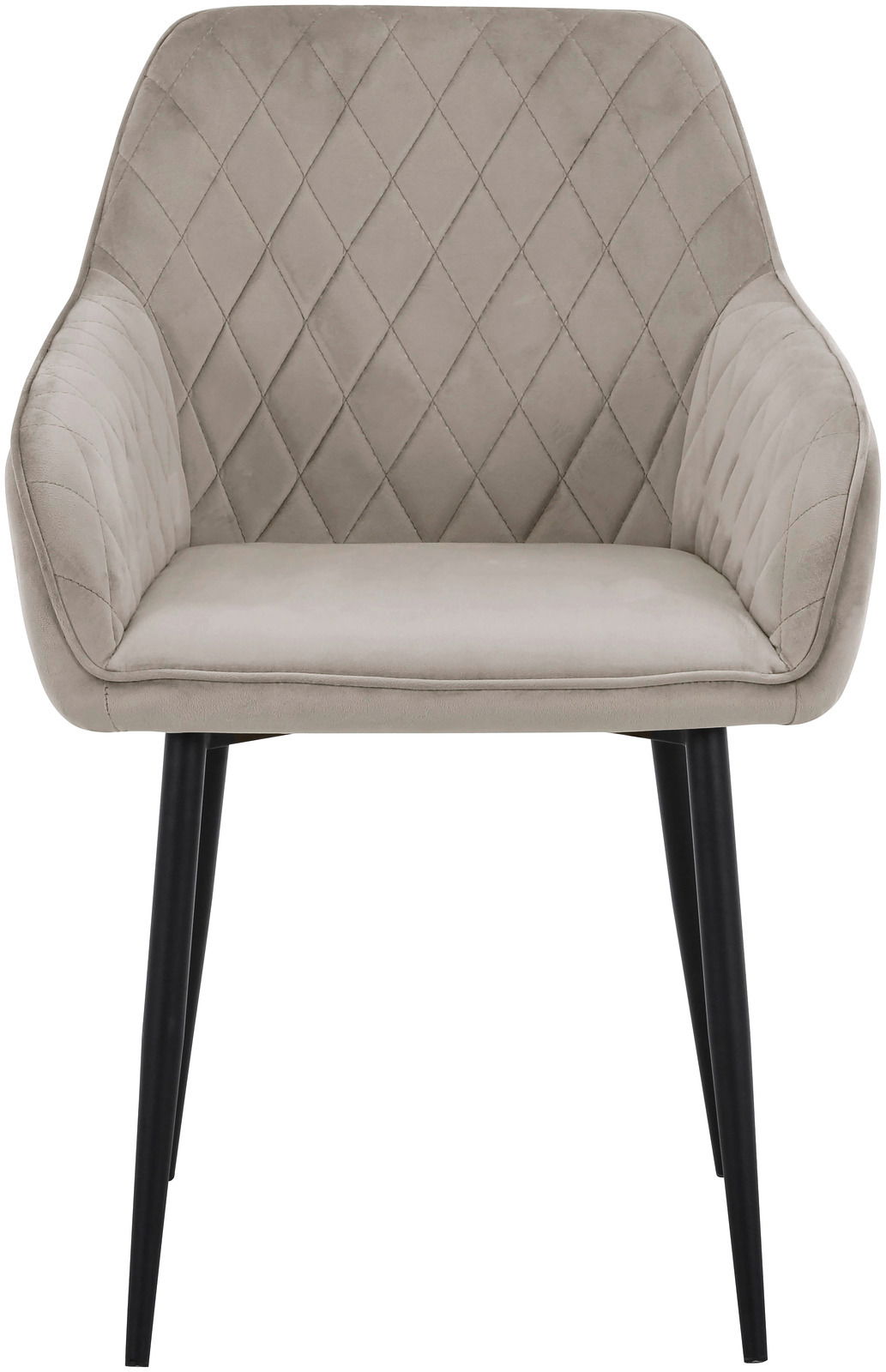 Grauer Armlehnstuhl mit gesteppter Rückenlehne und schwarzen Beinen, Frontalansicht