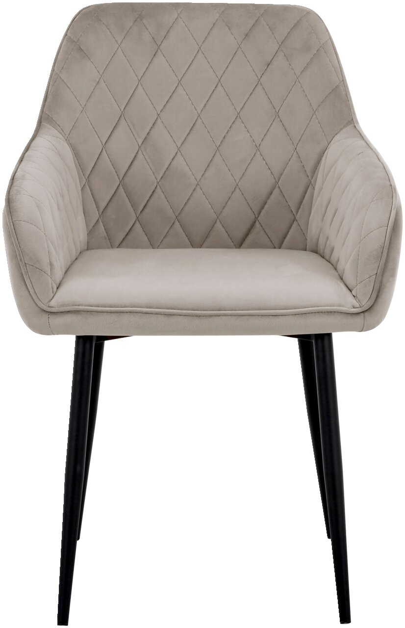 Grauer Armlehnstuhl mit gesteppter Rückenlehne und schwarzen Beinen, Frontalansicht