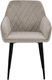 Grauer Armlehnstuhl mit gesteppter Rückenlehne und schwarzen Beinen, Frontalansicht