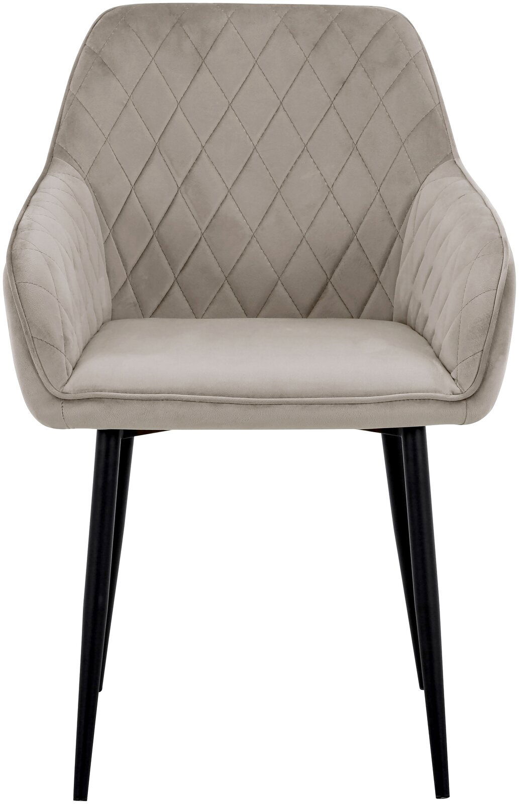 Grauer Armlehnstuhl mit gesteppter Rückenlehne und schwarzen Beinen, Frontalansicht