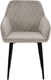 Grauer Armlehnstuhl mit gesteppter Rückenlehne und schwarzen Beinen, Frontalansicht