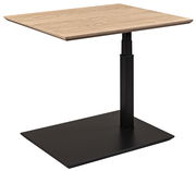 Moderner Couchtisch mit rechteckiger Holzplatte und schwarzem Metallgestell, seitliche Perspektive