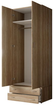 Zweiflügeliger Drehtürenschrank aus Holz mit geöffneter Perspektive, zeigt Innenraum mit Kleiderstange und zwei Schubladen.