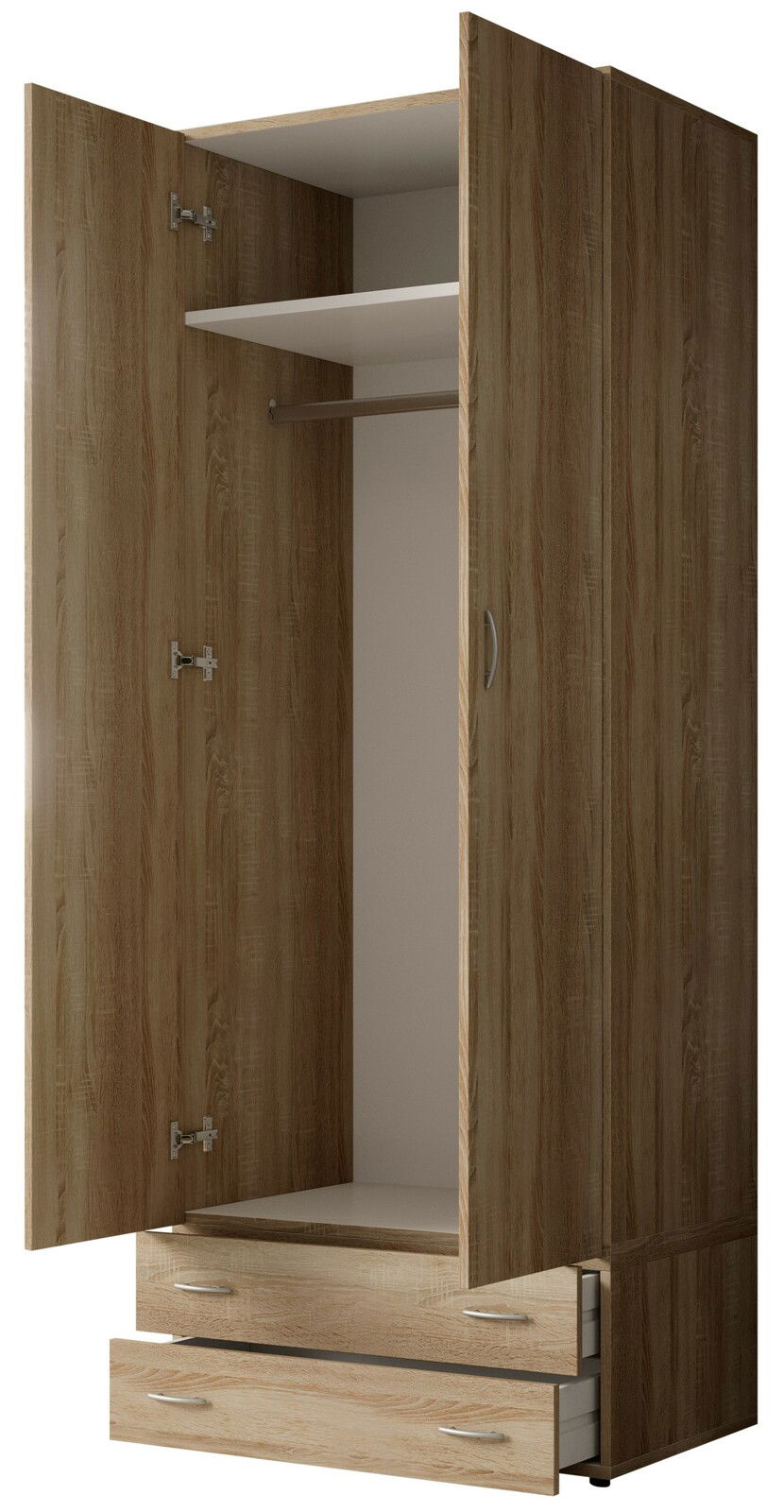 Zweiflügeliger Drehtürenschrank aus Holz mit geöffneter Perspektive, zeigt Innenraum mit Kleiderstange und zwei Schubladen.