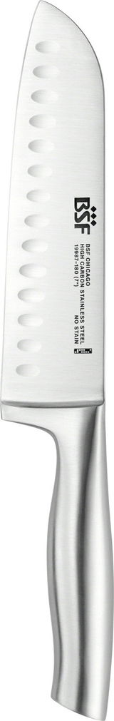 Santokumesser Chicago aus Edelstahl, Seitenansicht mit Kullenschliff und ergonomischem Griff