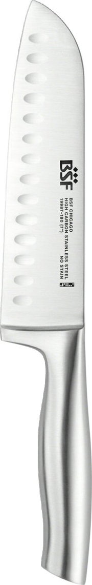 Santokumesser Chicago aus Edelstahl, Seitenansicht mit Kullenschliff und ergonomischem Griff