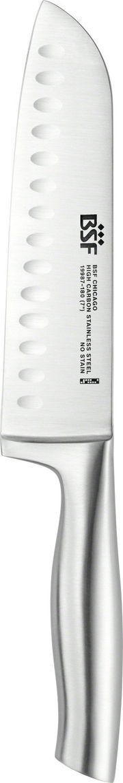 Santokumesser Chicago aus Edelstahl, Seitenansicht mit Kullenschliff und ergonomischem Griff