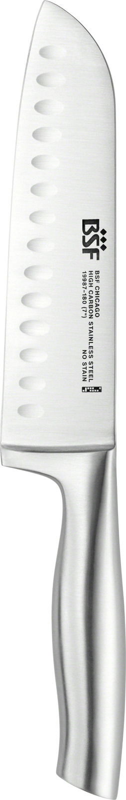 Santokumesser Chicago aus Edelstahl, Seitenansicht mit Kullenschliff und ergonomischem Griff