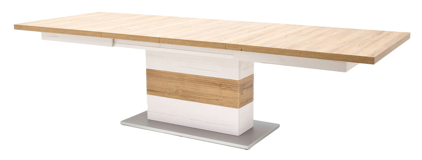 Moderner Esstisch mit Holzoptik und weißem Sockel, seitliche Perspektive