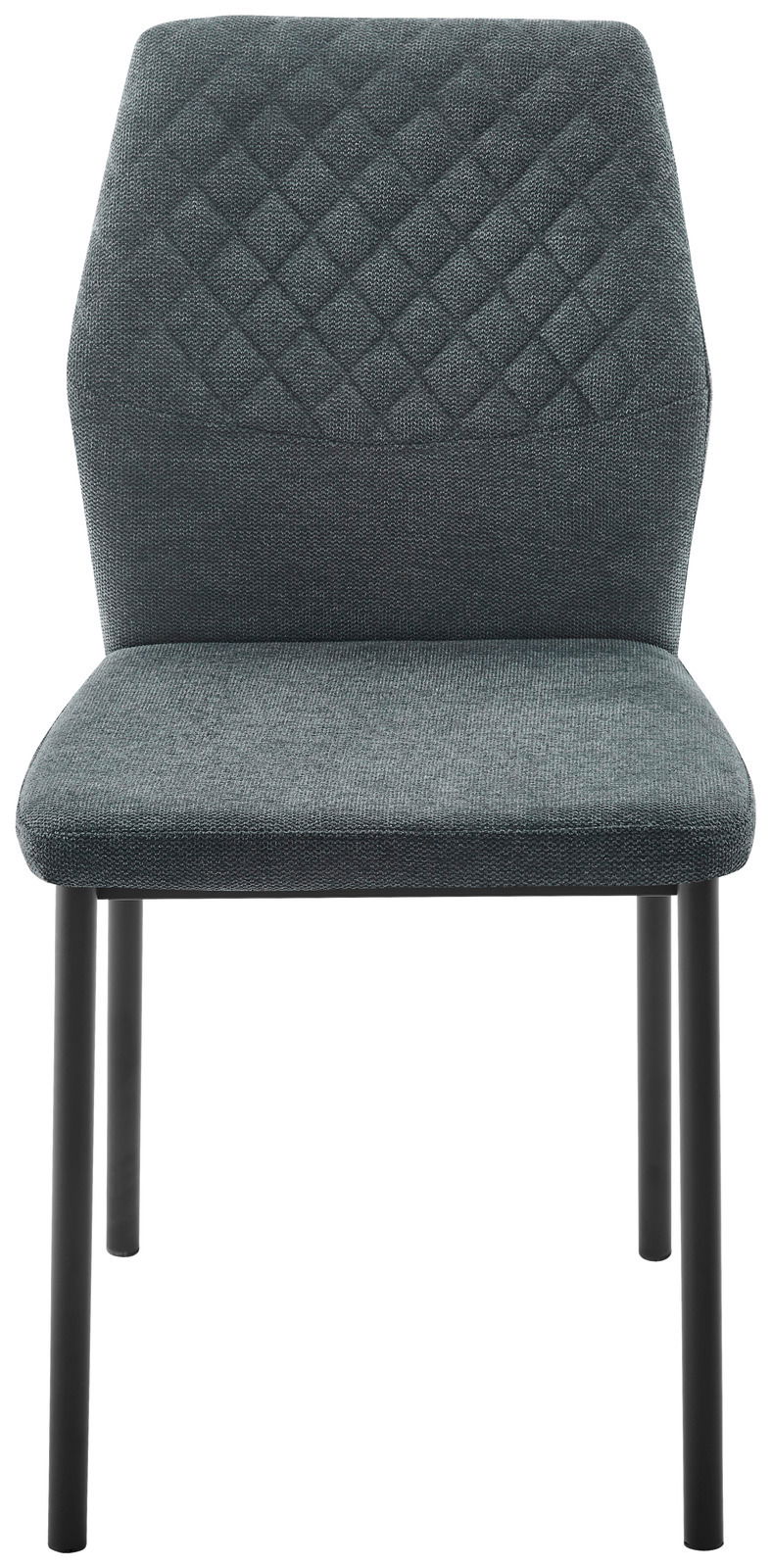 Moderner Stuhl mit gepolsterter Sitzfläche und Rückenlehne in dunklem Stoff, Vorderansicht