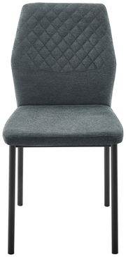 Moderner Stuhl mit gepolsterter Sitzfläche und Rückenlehne in dunklem Stoff, Vorderansicht