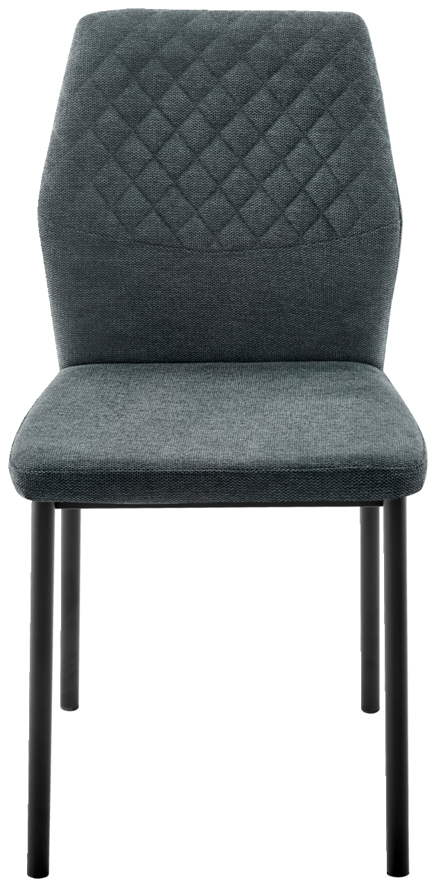Moderner Stuhl mit gepolsterter Sitzfläche und Rückenlehne in dunklem Stoff, Vorderansicht