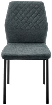 Moderner Stuhl mit gepolsterter Sitzfläche und Rückenlehne in dunklem Stoff, Vorderansicht