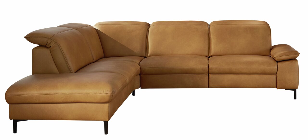 Braune Polsterrundecke in L-Form, seitliche Perspektive