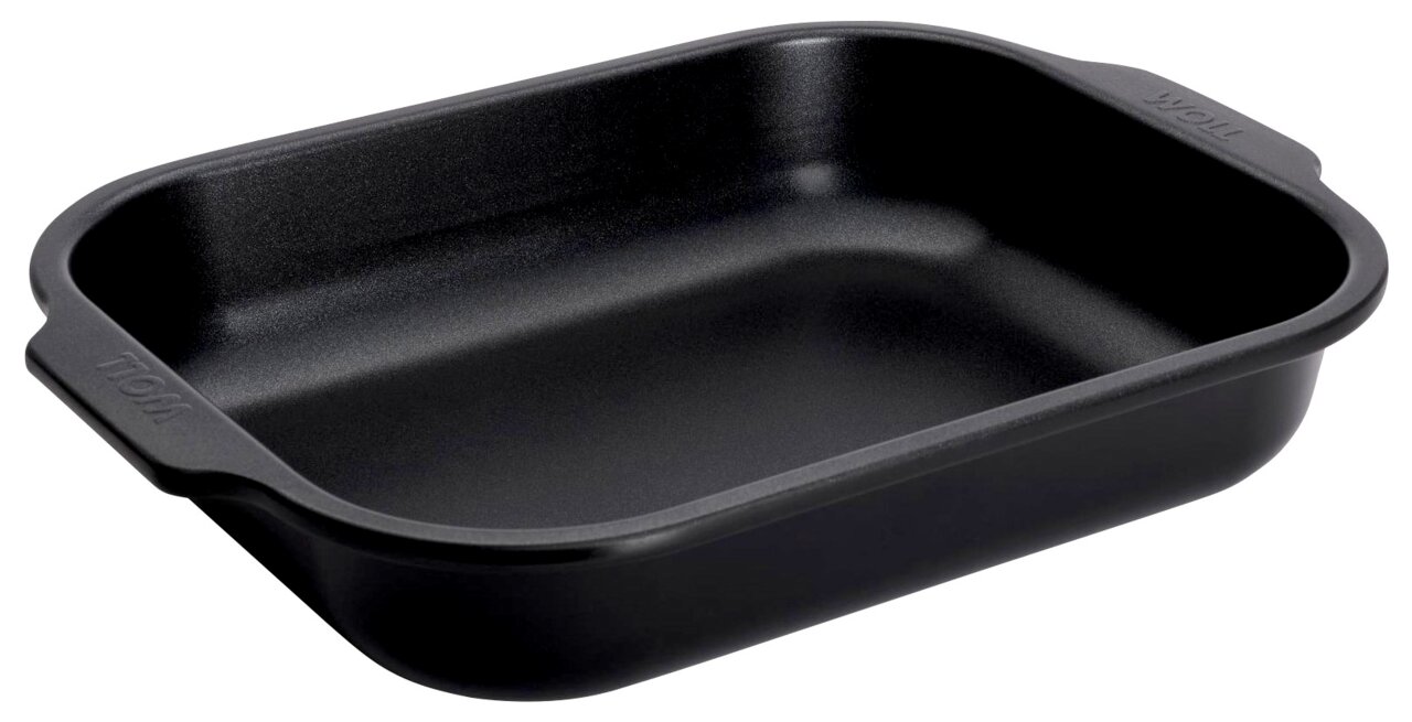 Schwarze Bratreine aus Metall, rechteckig mit abgerundeten Ecken, seitliche Griffe, Perspektive von schräg oben