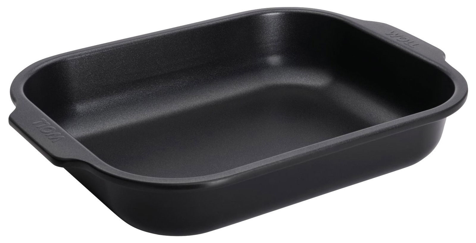 Schwarze Bratreine aus Metall, rechteckig mit abgerundeten Ecken, seitliche Griffe, Perspektive von schräg oben