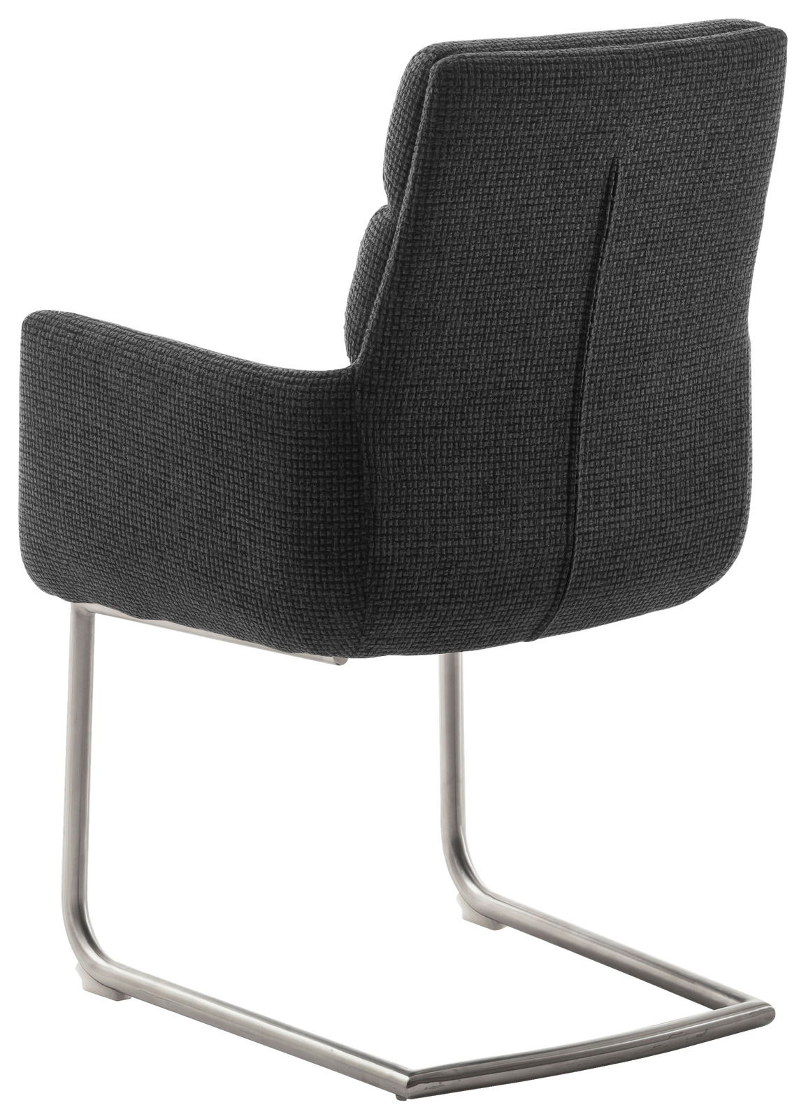 Rückansicht eines modernen Freischwinger-Sessels mit dunkelgrauem Stoffbezug und Metallgestell.