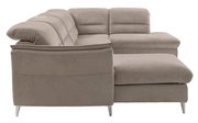 Beige Polsterrundecke in L-Form, seitliche Perspektive