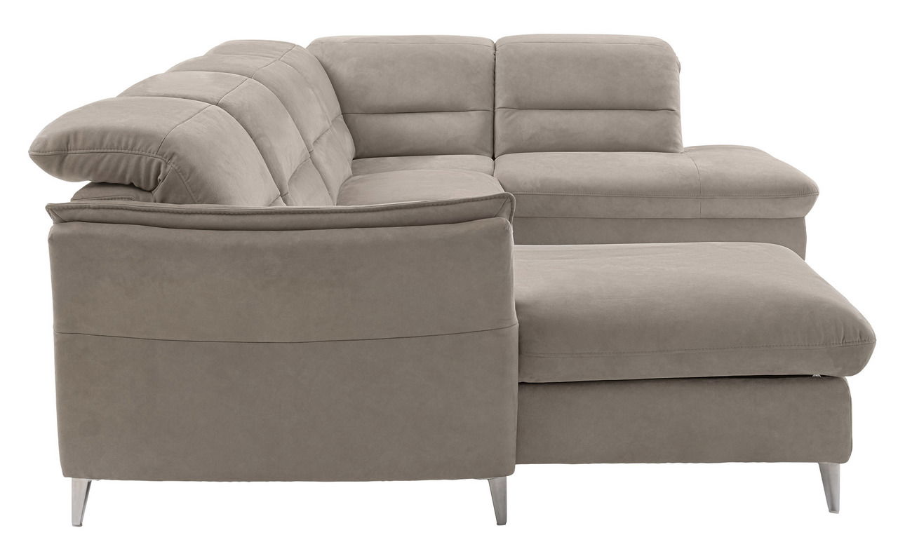 Beige Polsterrundecke in L-Form, seitliche Perspektive