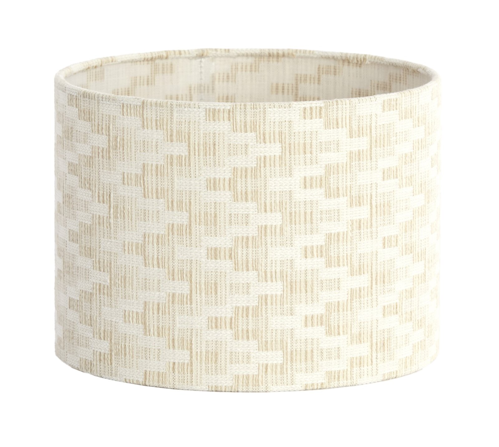 Cilindrische lampenkap met een beige, geweven patroon, zijaanzicht