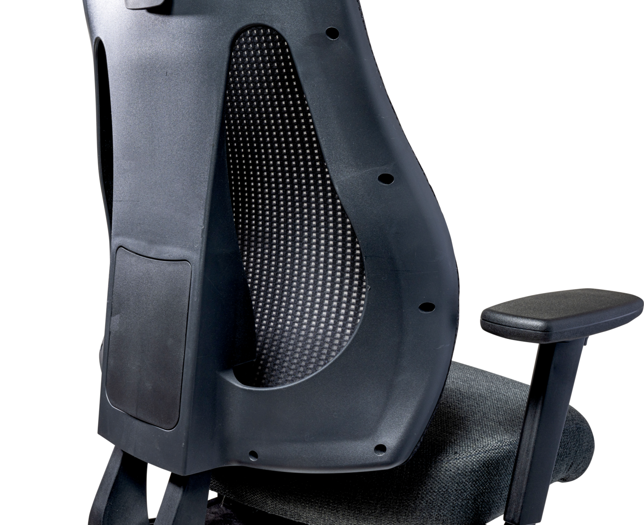 Rückansicht eines ergonomischen Drehstuhls mit Netzrückenlehne und verstellbarer Armlehne.