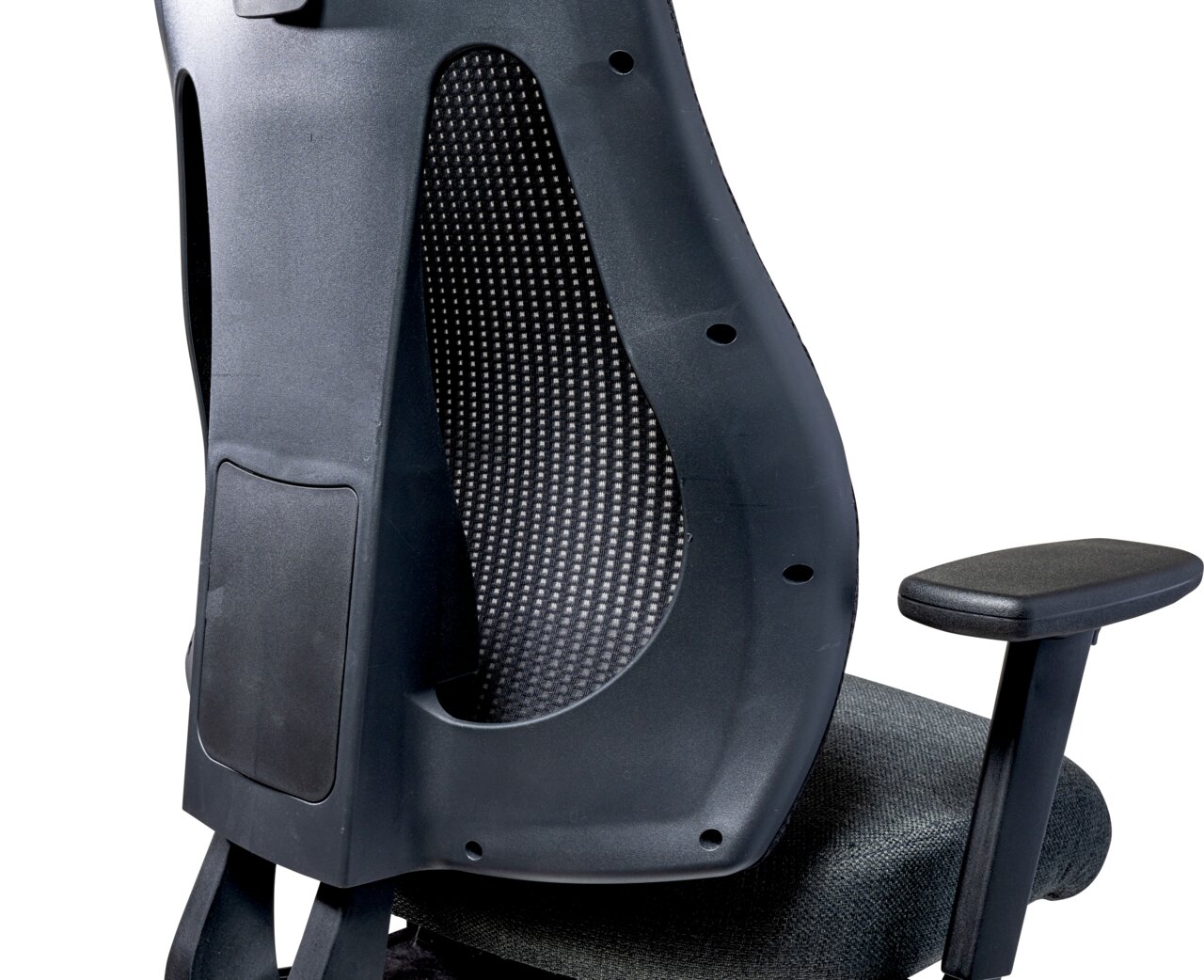 Rückansicht eines ergonomischen Drehstuhls mit Netzrückenlehne und verstellbarer Armlehne.