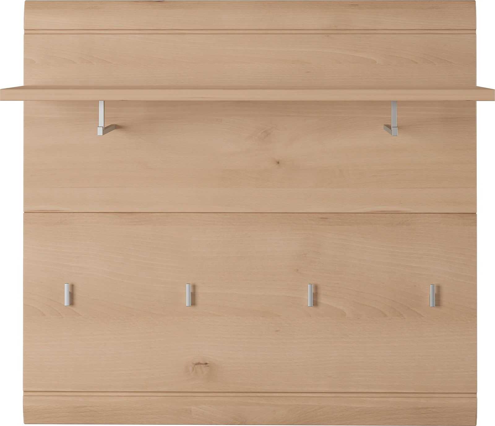 Garderobenpaneel aus Holz mit einer Ablage und fünf Haken, frontale Ansicht