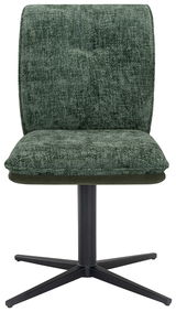 Grüner Stuhl mit gepolsterter Rückenlehne und Sitzfläche, schwarzes Metallgestell, Frontalansicht