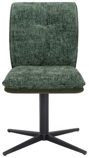 Grüner Stuhl mit gepolsterter Rückenlehne und Sitzfläche, schwarzes Metallgestell, Frontalansicht