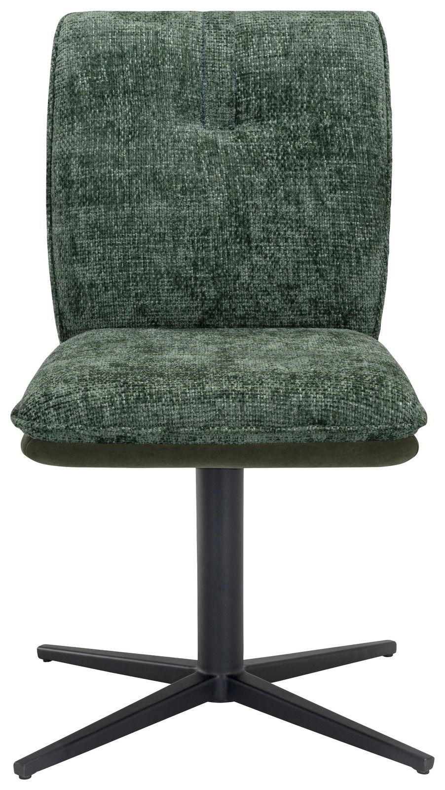 Grüner Stuhl mit gepolsterter Rückenlehne und Sitzfläche, schwarzes Metallgestell, Frontalansicht