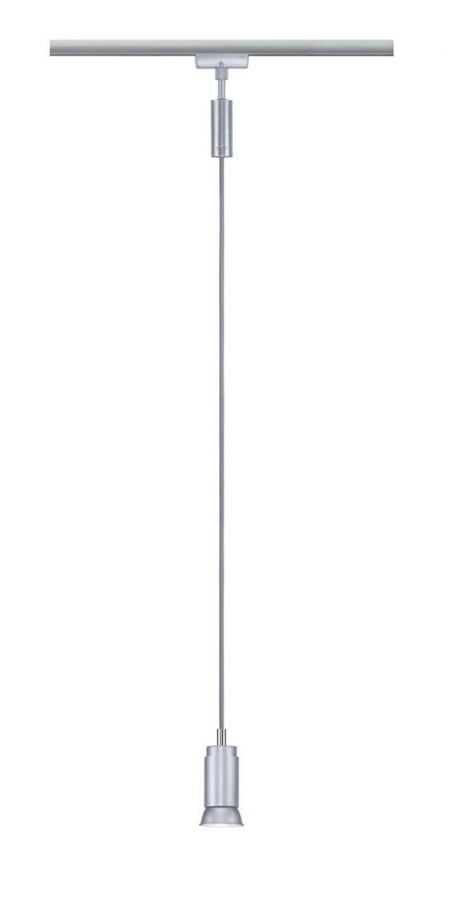 PAULMANN Schienenpendel Runa URAIL Silbernes Schienenpendel Runa von PAULMANN, hängend an einer Schiene, seitliche Perspektive.