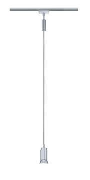 Silbernes Schienenpendel Runa von PAULMANN, hängend an einer Schiene, seitliche Perspektive.