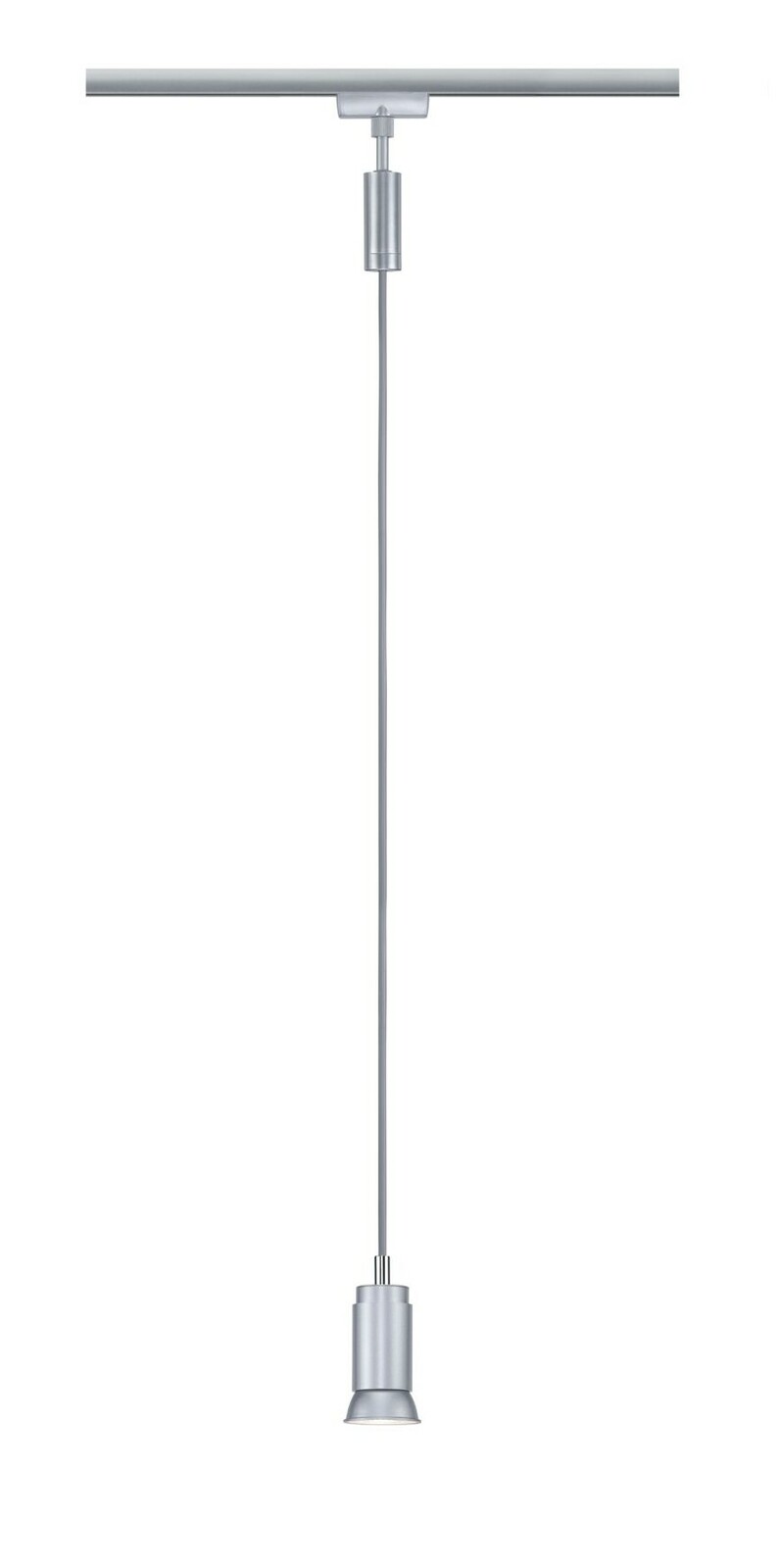 Silbernes Schienenpendel Runa von PAULMANN, hängend an einer Schiene, seitliche Perspektive.