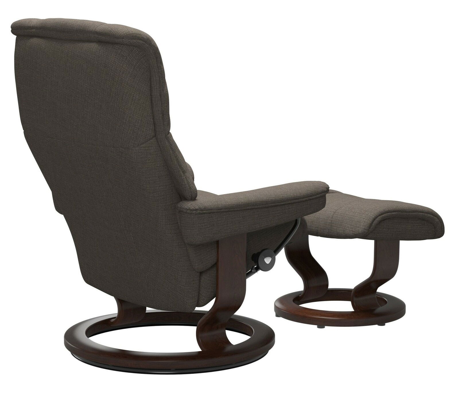 Rückansicht eines Stressless Einzelsesselsets RENO mit Hocker, dunkelbrauner Stoffbezug und Holzgestell.