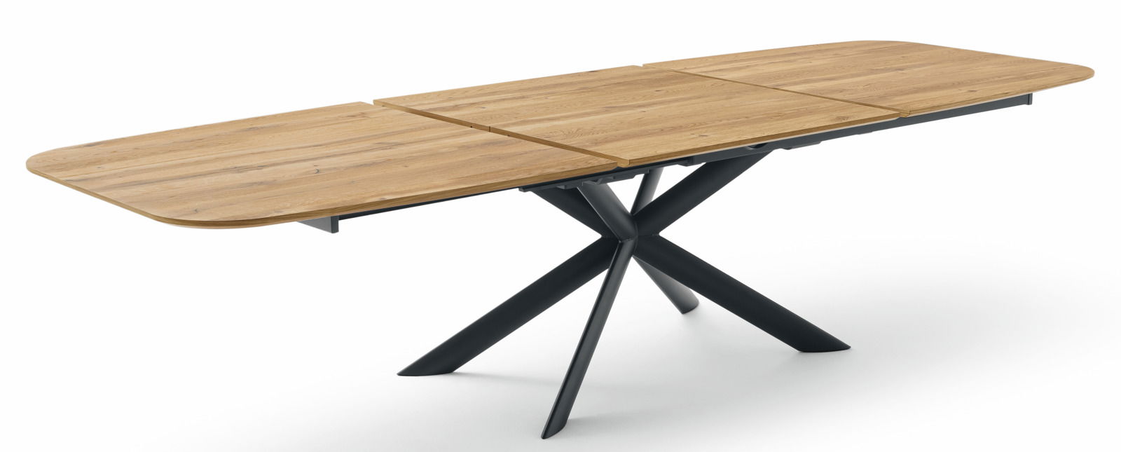 Moderner Esstisch mit ausziehbarer Holzplatte und schwarzem Metallgestell, seitliche Perspektive