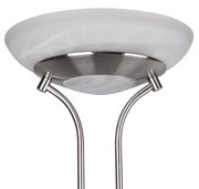 Nahaufnahme eines LED-Fluters ORSON mit 27W+4,5W, silberne Metallhalterung und weißer Lampenschirm, von unten fotografiert.