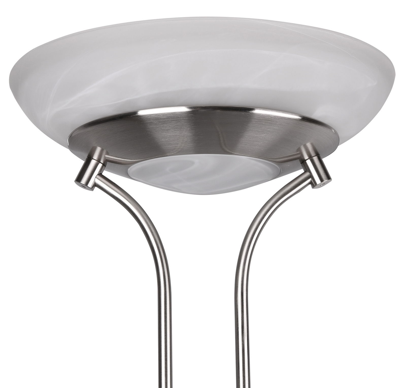 Nahaufnahme eines LED-Fluters ORSON mit 27W+4,5W, silberne Metallhalterung und weißer Lampenschirm, von unten fotografiert.